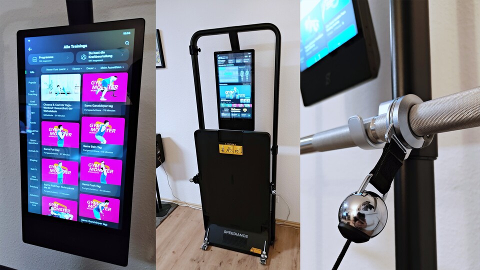 Das Design vom Gym Monster 2 ist wirklich sehr durchdacht. In der Mitte seht ihr das Gerät im eingeklappten Zustand und rechts das Verriegelungssystem für verschiedene Griffe und Accessoires.