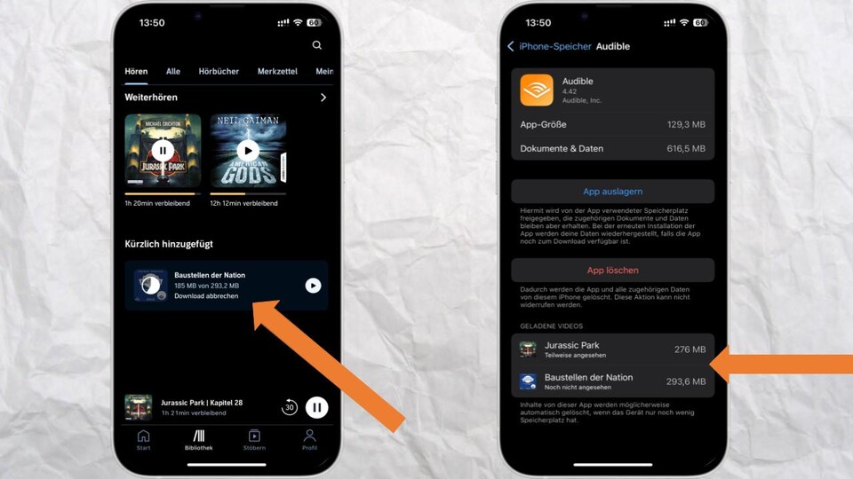 Ein Beispiel für die Dateigrößen von Audiobooks: Links lädt ein Hörbuch mit ca. 10 Stunden Laufzeit für knapp 300 MB. Rechts sehen wir den Klassiker Jurassic Park für 276 MB und einer Laufzeit von ca. 16 Stunden.