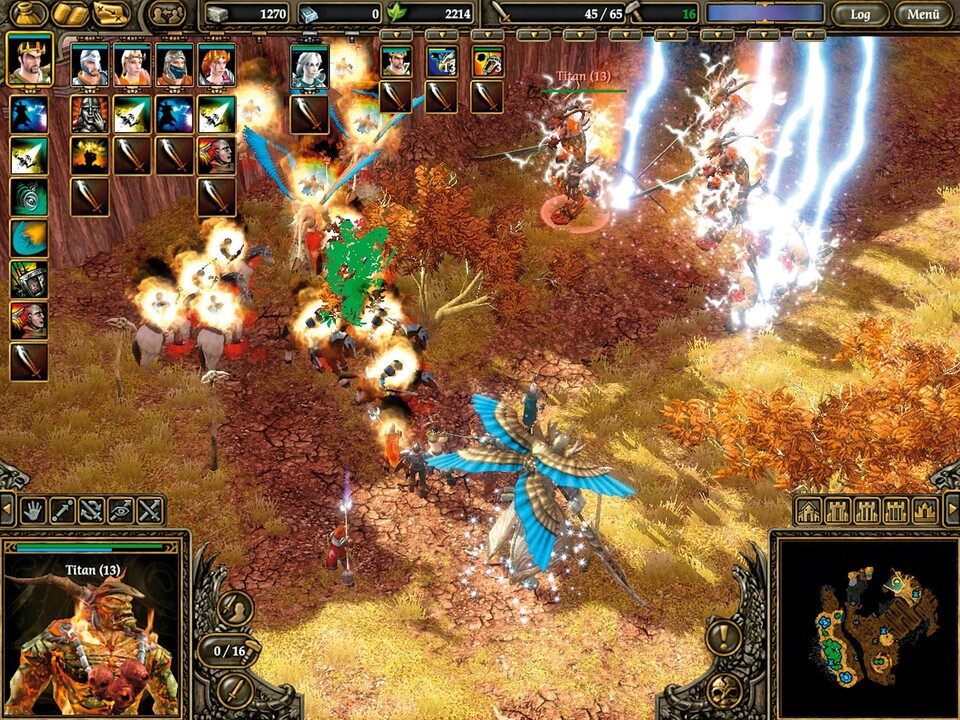 Eine Echtzeit-Schlacht im Detail: Unser Titan attackiert mit einem Dreifach-Blitzschlag die feindlichen Clan-Titanen.