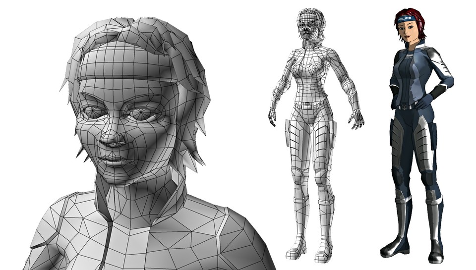 Das Polygonmodel der Polizistin Isabel wurde mit 3D Studio Max erstellt und später mit Texturen aus Photoshop überzogen.