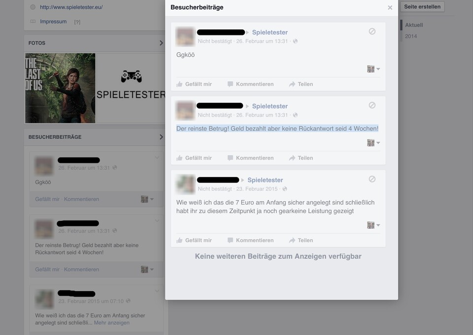 Ein Kunde beschwert sich auf der Facebook-Seite von Spieletester.eu. Reaktionen seitens der Betreiber bleiben aus.