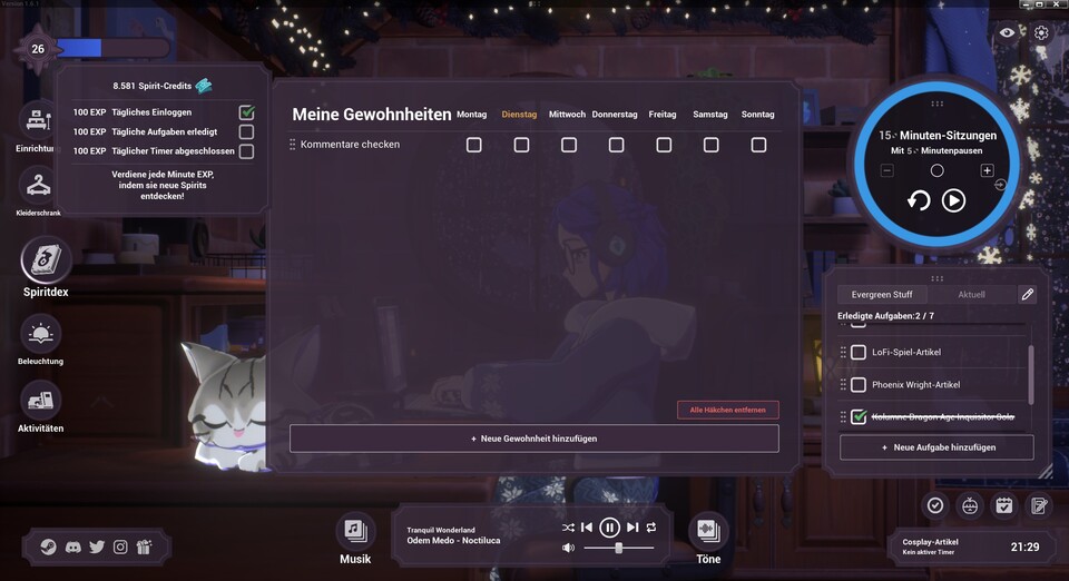 Hier seht ihr (bis auf das Tagebuch) alle Features auf einen Blick. Inklusive der täglichen »Quests« für die es ein paar Extra-Erfahrungspunkte gibt.