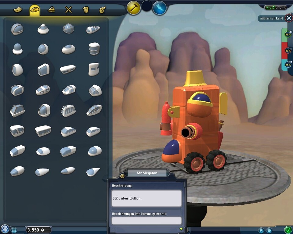Der Editor ist das Kernstück von Spore. Hier erstellen Sie kinderleicht die absurdesten Kreaturen, Fahrzeuge, Gebäude und später auch Raumschiffe, die vom Spiel dann automatisch passend animiert werden.