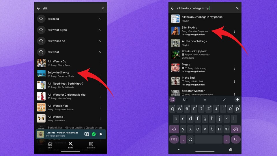 Bei gehörten Liedern reichen manchmal sogar schon 2 Wörter (links), bei unbekannten Liedern braucht es manchmal mehr (rechts).