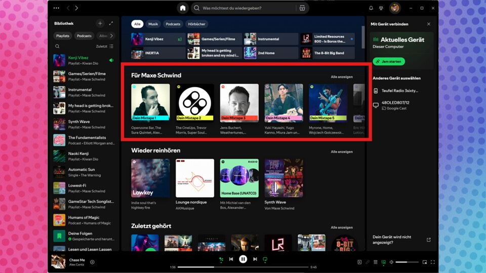 Die Mixtapes werden mir auf Spotify prominent auf der Startseite angezeigt.