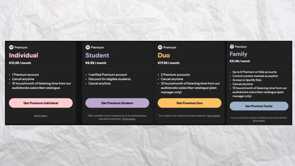 Spofity hat erst vor kurzem den Preis des Individual Abos erhöht. Weitere Tarife sind der Duo- und Family-Tarif.