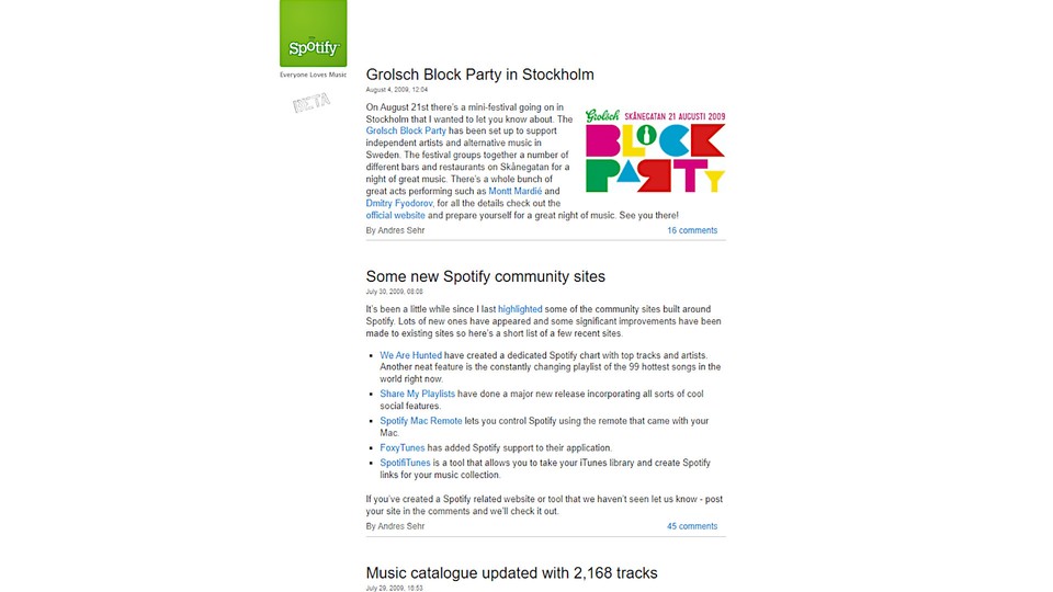 So schlicht präsentierte sich die Website von Spotify im Jahre 2009.