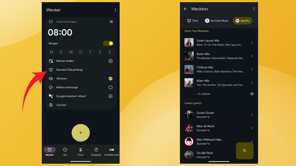 In der Uhr-App von Google stellt ihr eure Songs von Spotify ganz einfach als Weck-Ton ein.