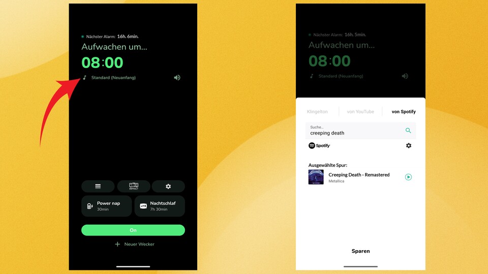 Bei Alarmore könnt ihr Musik von Spotify über das Noten-Icon als Weck-Ton einstellen.