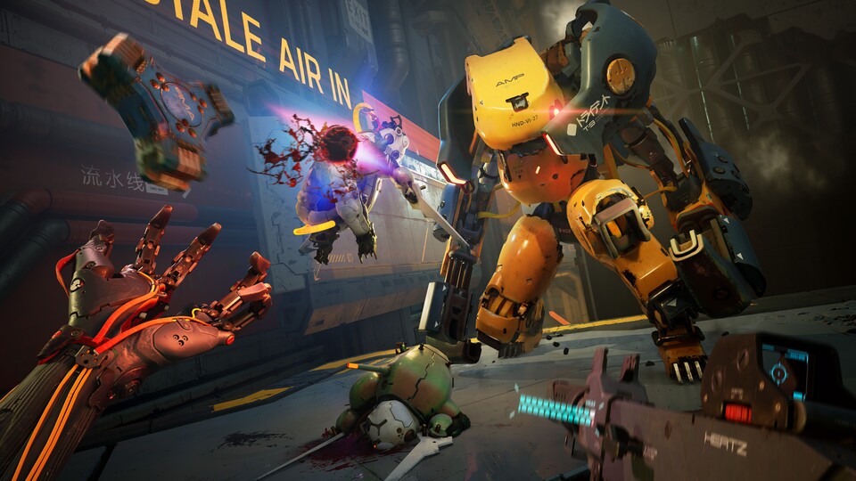 Dem Gegner links im Bild rupfe ich brutal seinen Cyber Core aus dem Leib - den brauche ich als Waffe gegen den gelben dicken Mech!