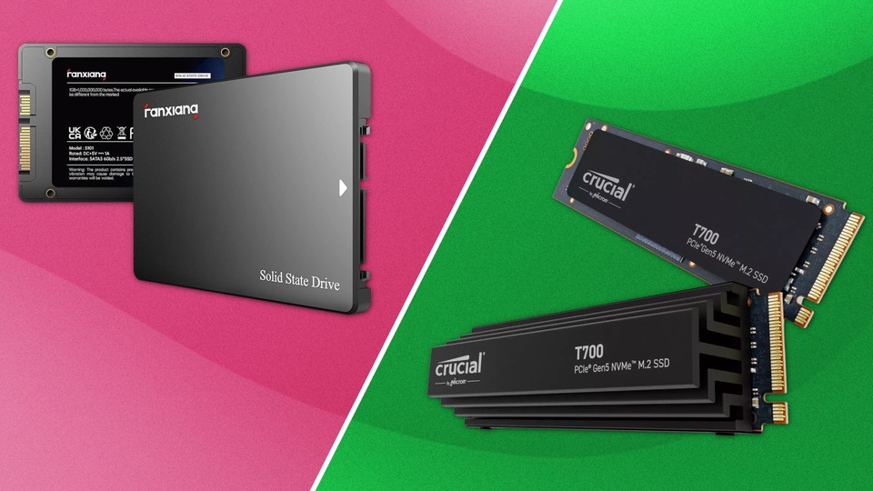 Die aktuell gängigsten Datenträger: SATA-SSDs im 2,5-Zoll-Format (links) und PCIe-SSDs im M.2-Format (rechts).
