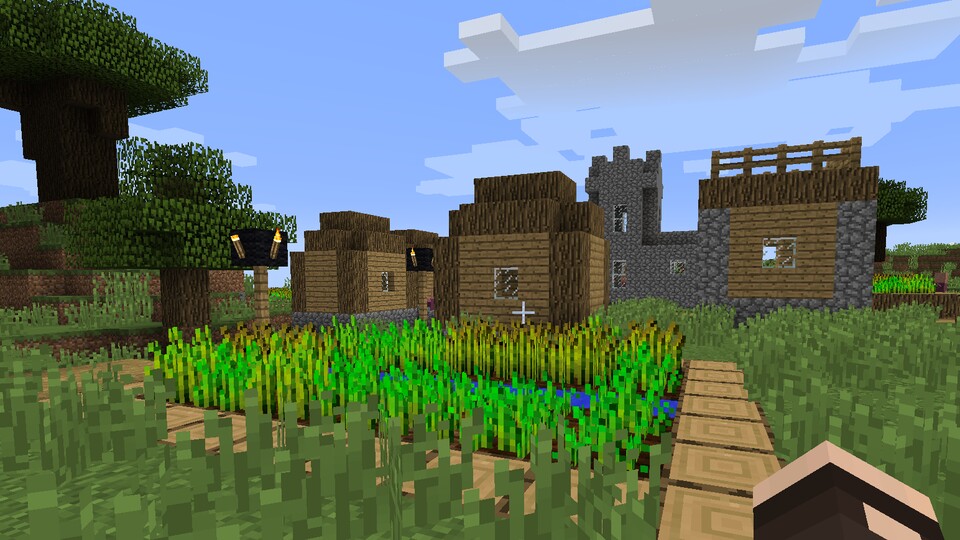 So sieht unser Dorf in Minecraft ohne jede Texturveränderung aus. Auftritt Resource Packs!