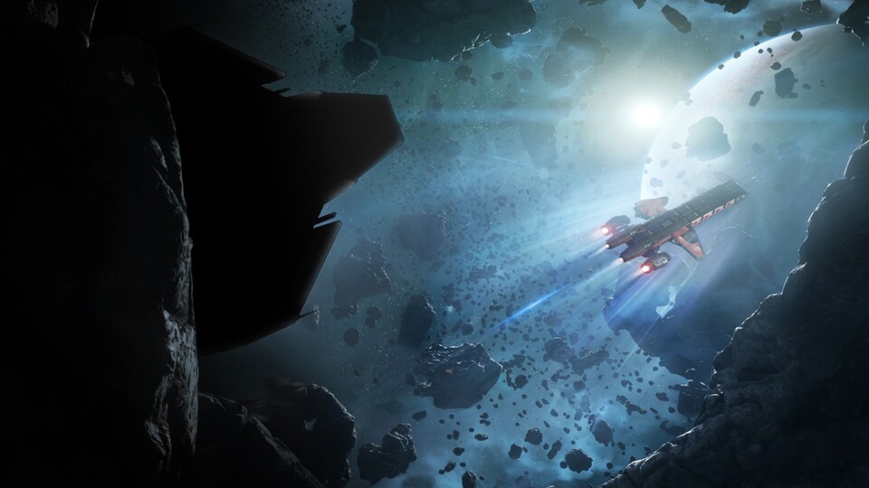 Star Citizen bekommt ein neues Raumschiff, aber was zeigt der Teaser-Screenshot mit Coming-Soon-Überschrift? Die Caterpillar rechts wird von einem mysteriösen Jäger verfolgt.