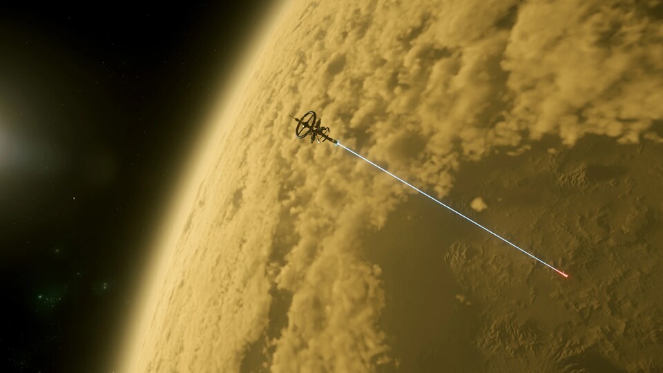 Riesenlaser Marke Star Citizen: Aus dem Orbit wird ein dicker Energiestrahl abgeschossen.