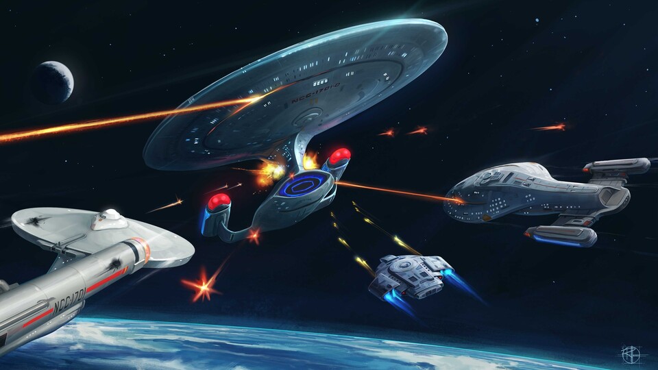 Im Titelbild von Star Trek Timelines kämpfen die berühmtesten Föderationschiffe gegeneinander. Warum auch immer. Das Spiel kann man jetzt kostenlos auf Steam ausprobieren.