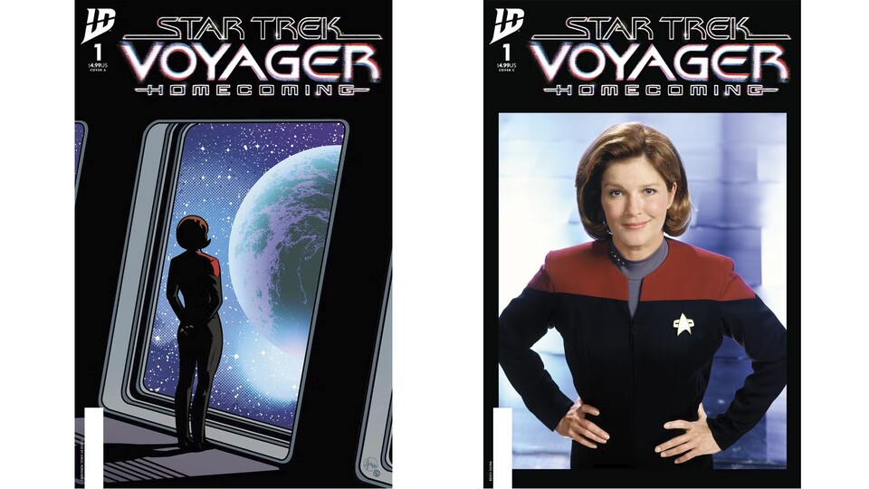 Das Cover von Homecoming gibts in zwei Varianten, rechts ein bekanntes Foto von Darstellerin Kate Mulgrew (Captain Janeway).