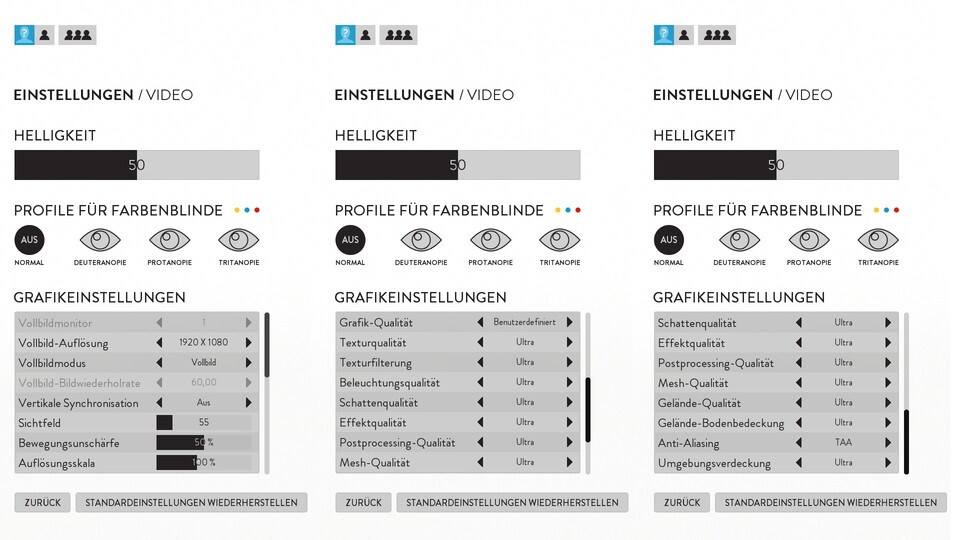 Das hier zu besseren Übersicht in einer Montage dargestellte Grafikmenü von Battlefront ist zwar etwas klein geraten, dafür bietet es aber so gut wie alle wichtigen Optionen und vier vorgegebene Qualitätsstufen.