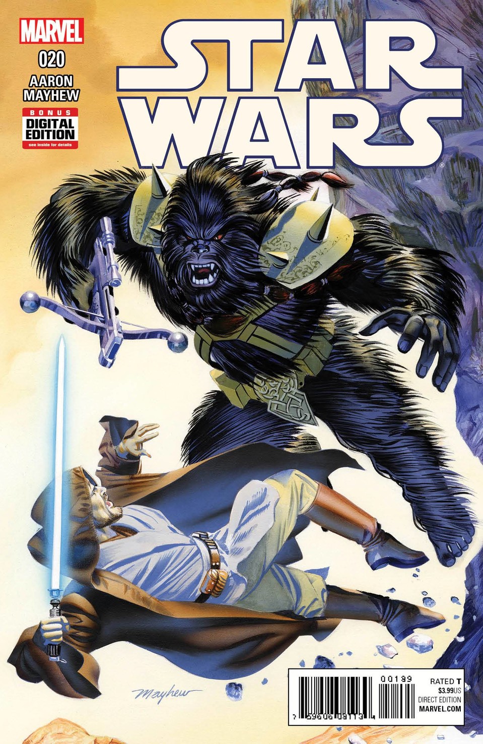 Ben Kenobi fighting Black Krrsantan in issue 20 of the Marvel Star Wars comic.  Image source: Lucasfilm and Marvel, comic book cover by Mike Mayhew.