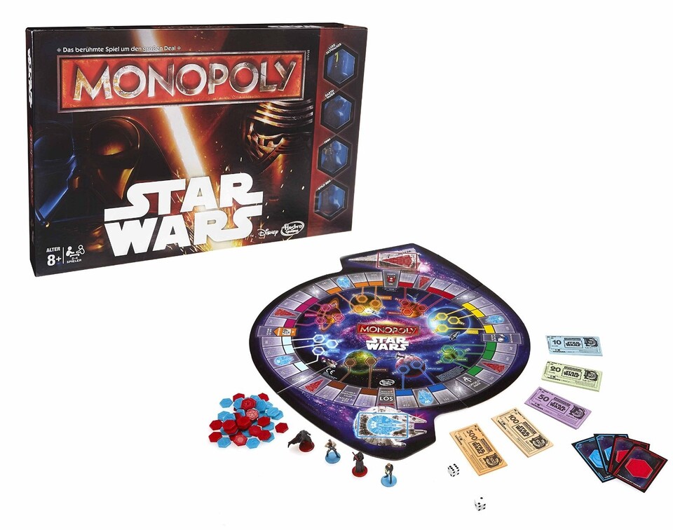 Hasbros neues Star-Wars-Monopoly mit den Figuren Darth Vader, Finn, Luke Skywalker und Kylo Ren - ohne Rey.