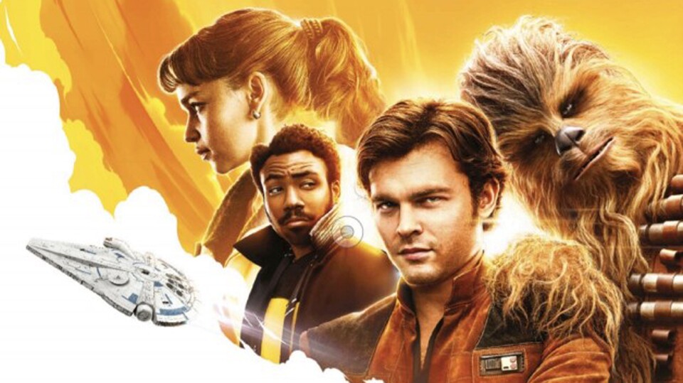 Ein erstes Poster-Design zu Star Wars: Han Solo zeigt die Helden des Films mit dem Millennium Falken.