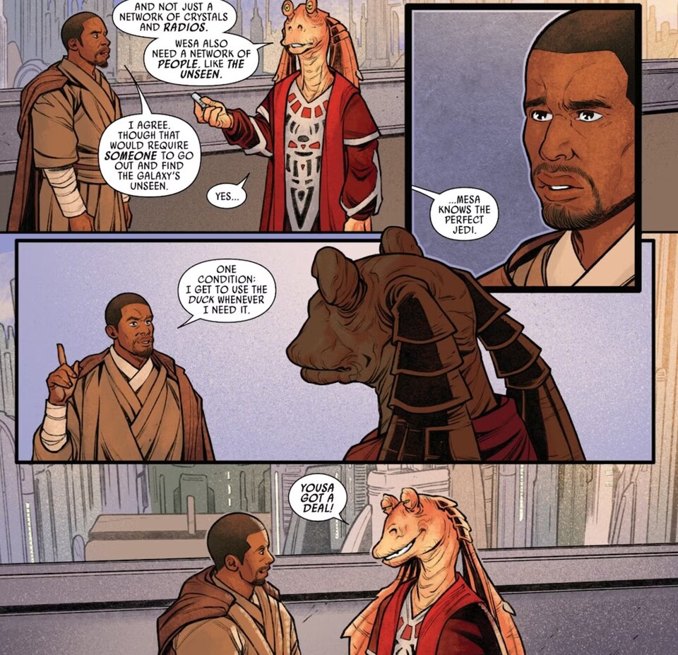Da hat sich Palpatine wohl geirrt: Jar Jar erkennt, dass er ausgenutzt wurde, und macht sich mithilfe seines Jedi-Freundes auf, um Gleichgesinnte zu versammeln. Bildquelle: Disney Lucasfilm