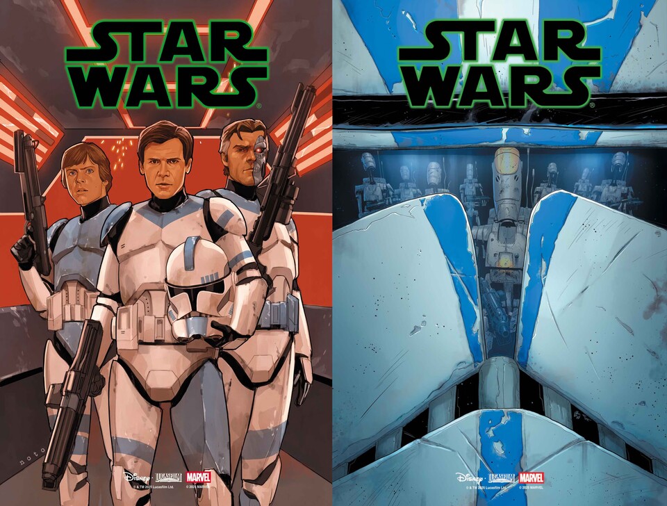 Das offizielle Cover-Artwork zu Star Wars #6 (links) zeigt Han, Luke und ihren Verbündeten Beilert Valance in Klonkrieger-Rüstung. Das Variant-Cover (rechts) zeigt die Nahaufnahme eines Klonkrieger-Helms, in dessen Visier sich eine Gruppe Kampfdroiden spiegelt.