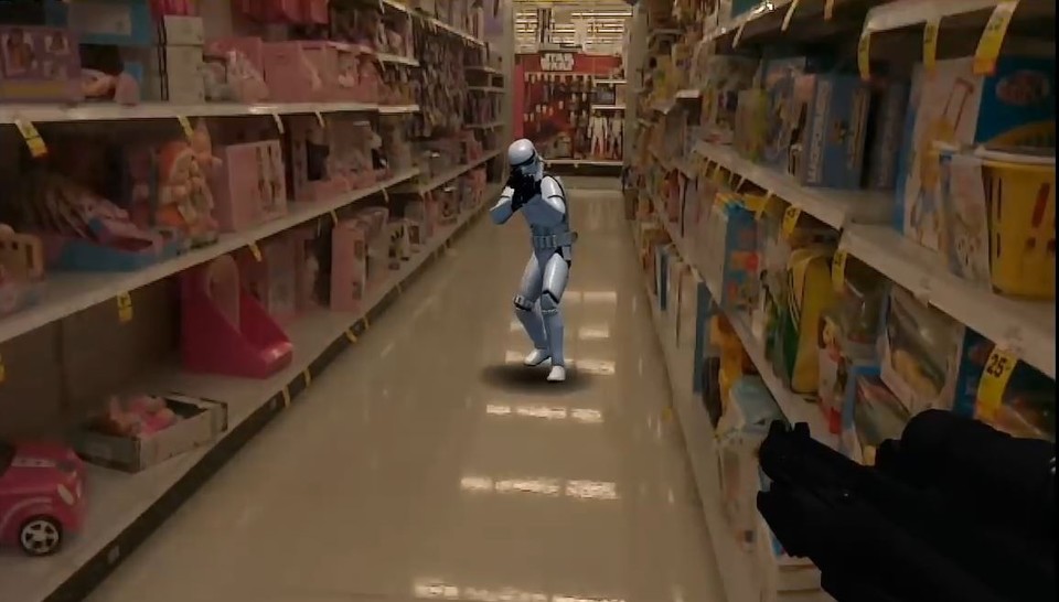 Augmented Reality bindet Computergrafiken in die reale Umwelt ein. Hier sind es Stormtrooper im Supermarkt.