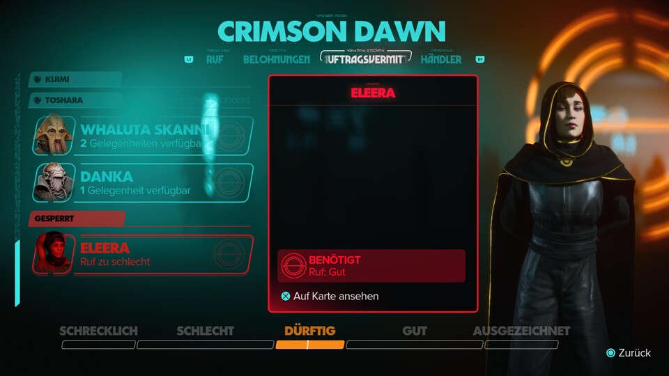 Unser Ruf bei Crimson Dawn ist aktuell zu schlecht, als dass wir bessere Aufträge von Eleera erhalten.