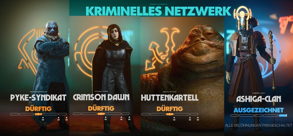 Die vier Kartelle. Den Ashiga-Clan schaltet ihr auf dem Planeten Kijimi frei.