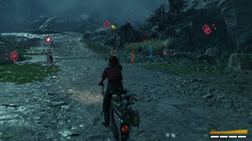 Dank Update 1.6 könnt ihr jetzt während der Fahrt auf dem Speeder frei mit eurem Blaster zielen und schießen.