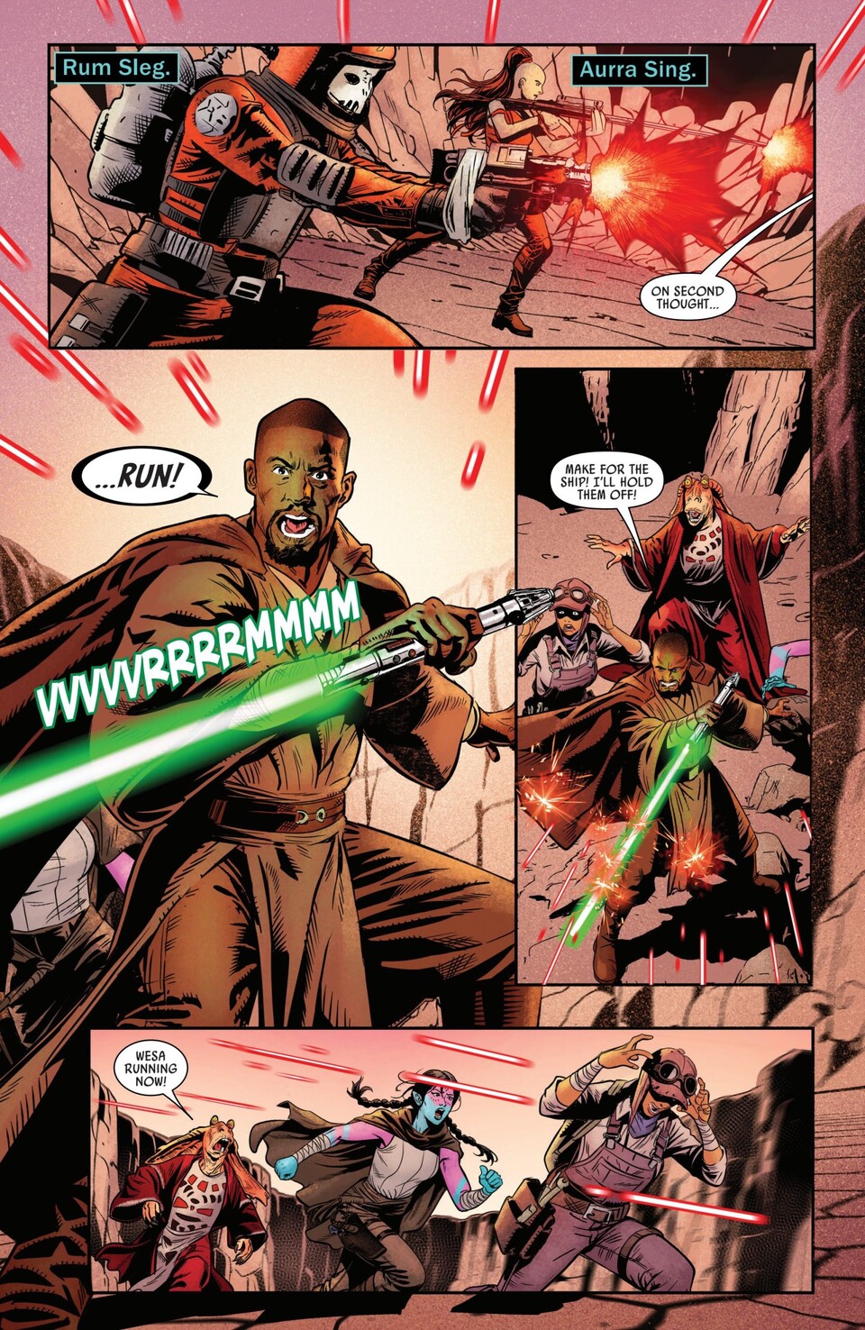 Im offiziellen Jar-Jar-Comic machen die Kopfgeldjäger Aurra Sing und Rum Sleg gemeinsame Sache. Bildquelle: DisneyMarvel Comics