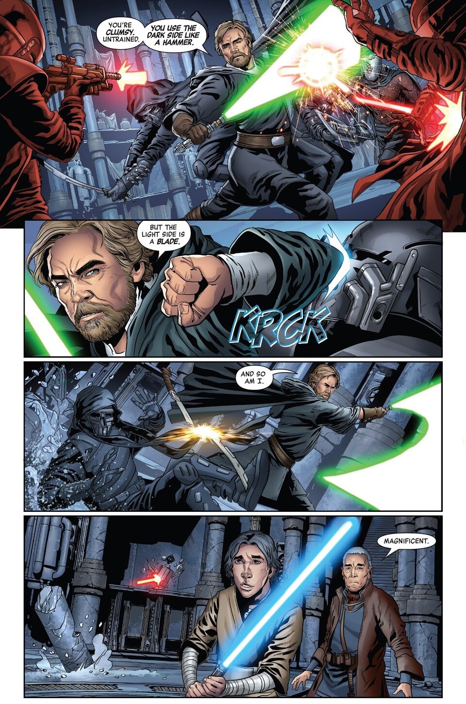 Luke Skywalker macht mit den Rittern von Ren kurzen Prozess. Besagte Szenen spielen sich im offiziellen Star-Wars-Comic von Marvel The Rise of Kylo Ren ab. Bildquelle: DisneyMarvel Comics