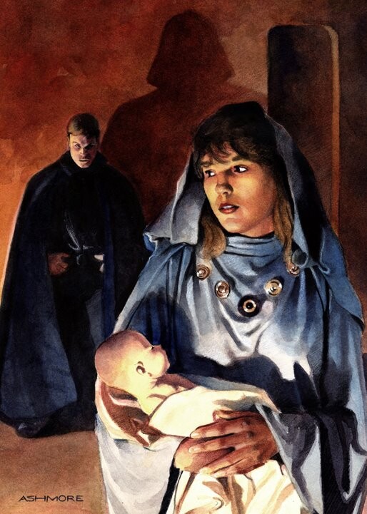 So hat in der Vorstellung des Künstlers Brian Ashford ein junger Anakin Skywalker ausgesehen, dessen Schatten bereits seine Zukunft als Darth Vader anteast. Bildquelle: Brian Ashford, Topps, Disney, Lucasfilm