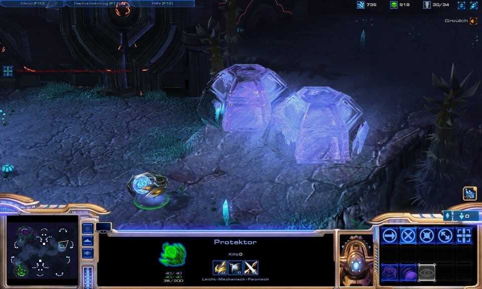 A Protoss Protector is blocking a ramp with energy fields.