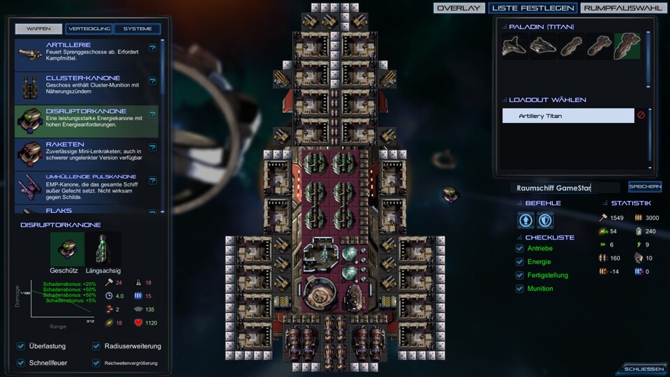 Der detaillierte Schiffs-Editor ist eine der großen Stärken von StarDrive 2, hier verteilen wir Module und Systeme auf die vier Seiten.