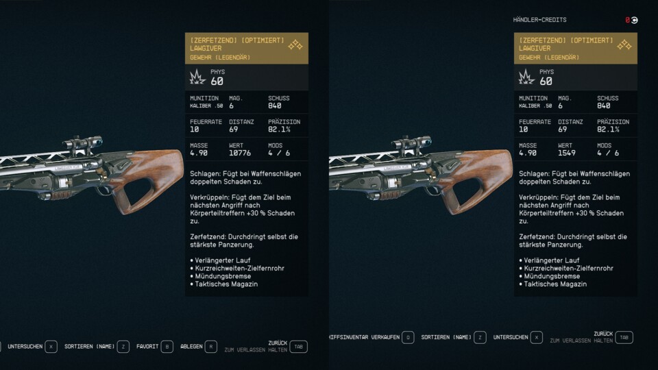 Links ist der Wert der Waffe im Inventar angezeigt, recht dagegen beim Händler.