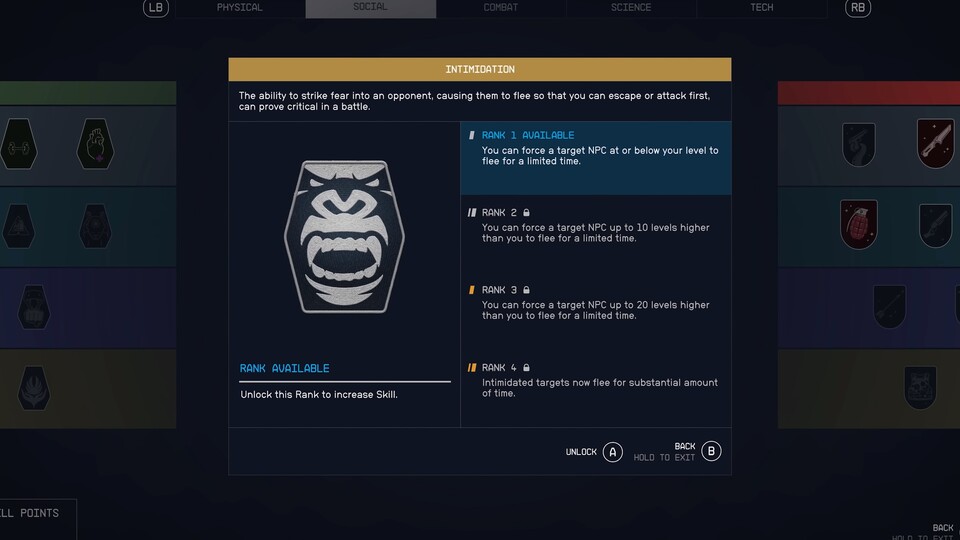Auch bei spannenderen Skills wie Einschüchterung bringen höhere Ränge keine aufregenden Veränderungen.
