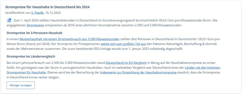 Bei Statista wirkt der durchschnittliche Strompreis für Deutschland enorm hoch, da hier ausschließlich teure Grundversorgungstarife berücksichtigt sind. Mit der Realität hat das wenig zu tun und ist ein willkommener Grund für Ablehnung der Energiewende.