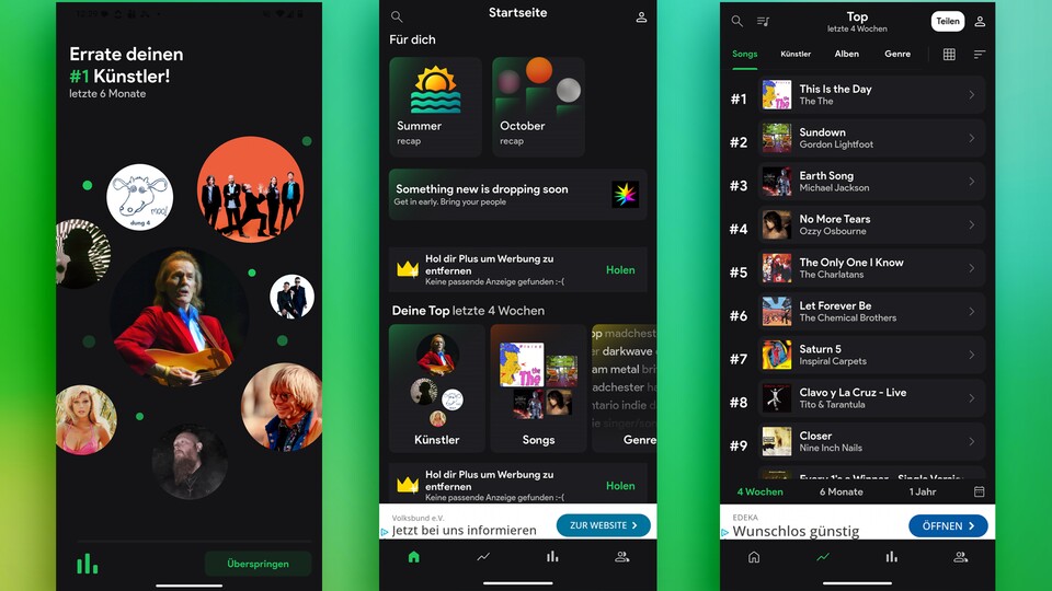 Stats.fm startet mit einem Quiz und zeigt euch dann Statistiken zu eurer Spotify-Historie – in der Free-Version allerdings mit Werbung. (Bildquelle: Stats.fm)