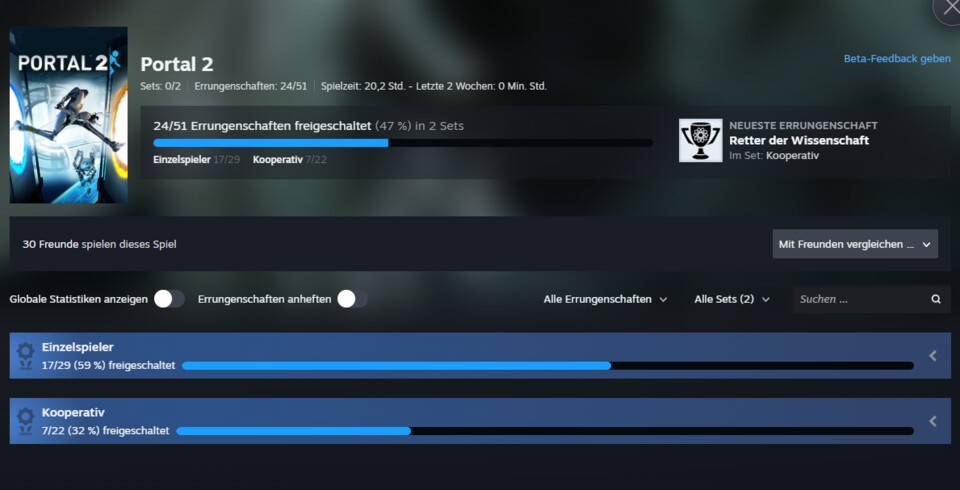 Errungenschaften-Sets können unter anderem in Mehr- und Einzelspieler-Achievements unterteilt werden.