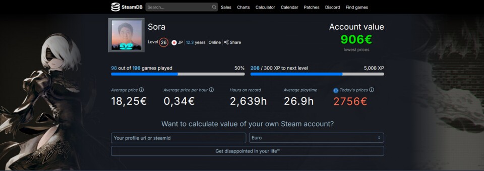The SteamDB calculator shows you the minimum and maximum value of your games.