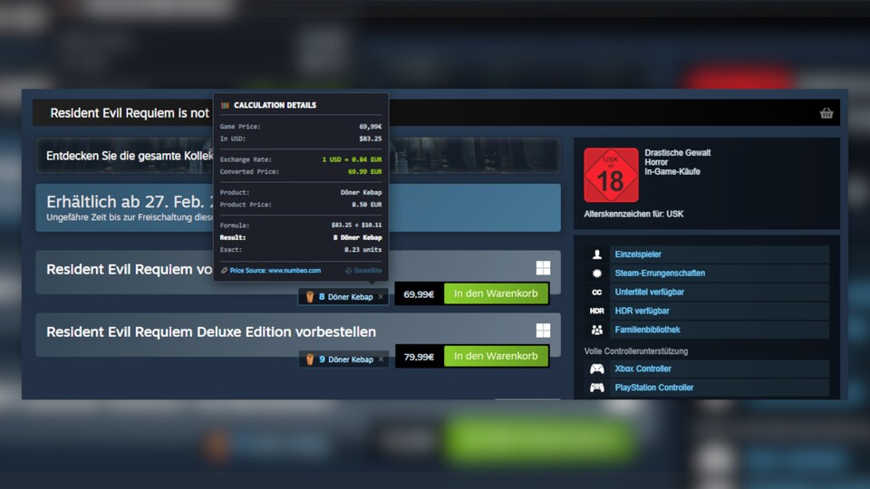 Auf der Steam-Website könnt ihr euch mit der Erweiterung die Preise in Döner umrechnen lassen.