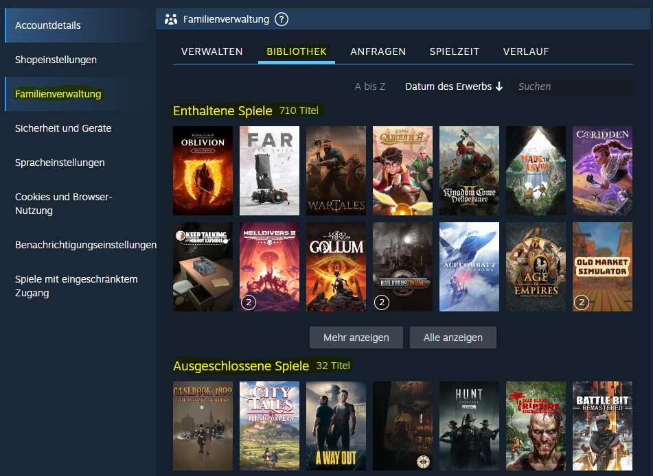 Über die Familienverwaltung könnt jederzeit überprüfen, welche Spiele ihr teilt und welche ausgeschlossen sind. Ruft dazu einfach den oberen Reiter Bibliothek auf.