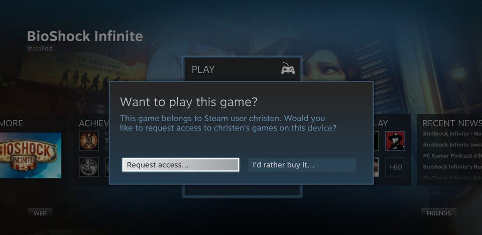 Wenn ihr am gleichen PC wie ein anderer Steam-Nutzer spielt, könnt ihr den Zugriff auch direkt anfordern.