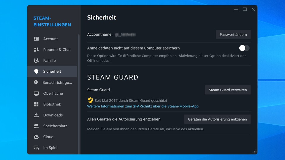 Die Einstellungen für Steam Guard findet ihr im Steam Client im Bereich »Sicherheit«.