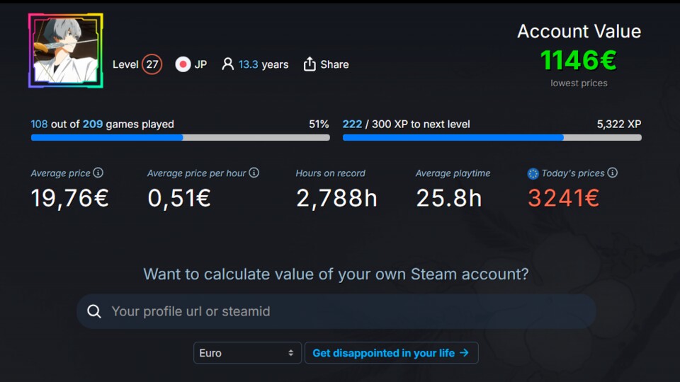 Der Rechner von SteamDB zeigt euch den Mindest- aber auch den Maximalwert eurer Spiele.