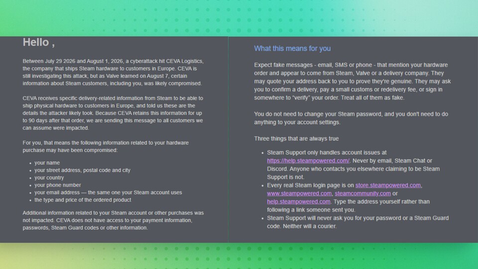 Die Steam-Mail im Wortlaut.
