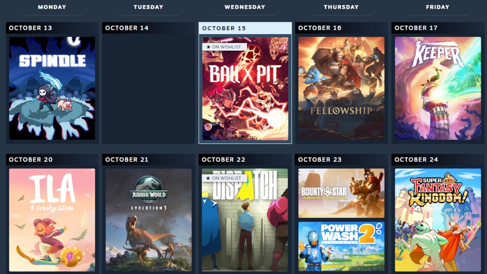Da laut Valve am Wochenende kaum ein Spiel erscheint, zeigt der Kalender nur die Tage Montag bis Freitag.
