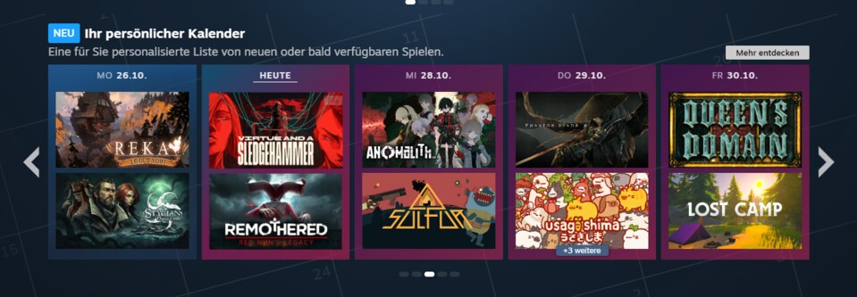 So sieht der neue persönliche Release-Kalender auf der Steam-Startseite unseres Autors Jesko aus.