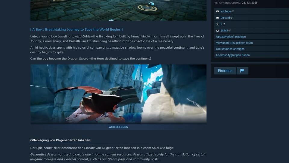 So kann ein KI-Hinweis auf Steam beispielsweise aussehen. In diesem Fall stammt er vom Spiel DragonSword: Awakening und bezieht sich auszugsweise auf die Übersetzung.